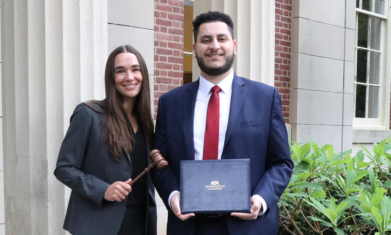 Second-year students Taylor Hoying (left) and Kero Gadelrab won their American Bar Association National Appellate Advocacy regional competition. They were coached by Holly Pierson (J.D.’96) and third-year students Taylor Stablein and Garfield McIntyre.
